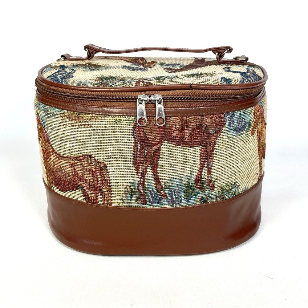 Vintage Horse Tapestry Vanity Case 11" Round Western Equestrian Cosmetic Bag